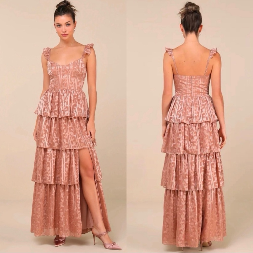 Lulus Stunning Glory Dusty Pink Floral Jacquard Tiered Maxi Dress